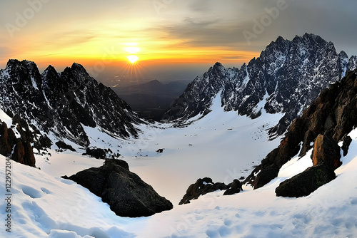 Sunrise illuminates snowy m...