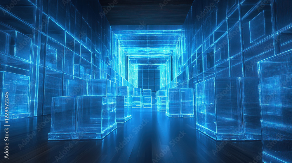 Innovative logistics center. Robotic automated warehouse. Distribution center with racks. High-tech storage , delivery network Innovative logistics center. Robotic automated warehouse. Distribution center with racks. High-tech storage , delivery network