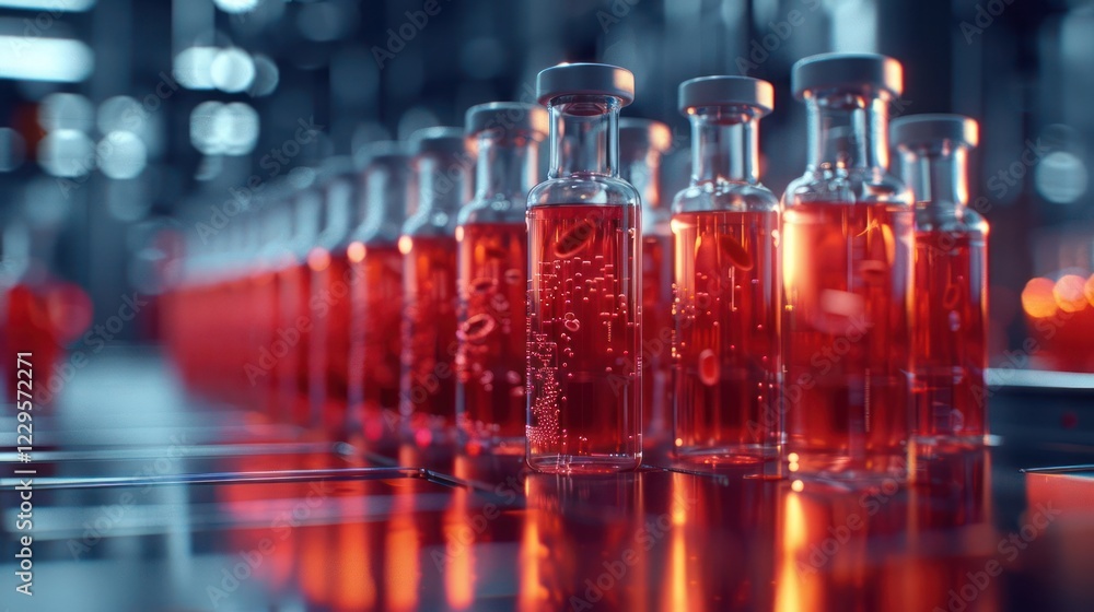 Rows of glass vials filled with vibrant red liquid in a modern laboratory setting Rows of glass vials filled with vibrant red liquid in a modern laboratory setting