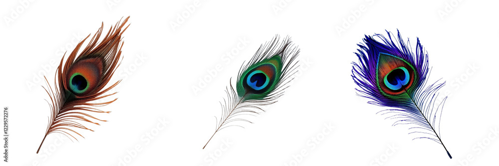 Fototapeta premium Set of decorative colorful peacock feather isolated on transparent background