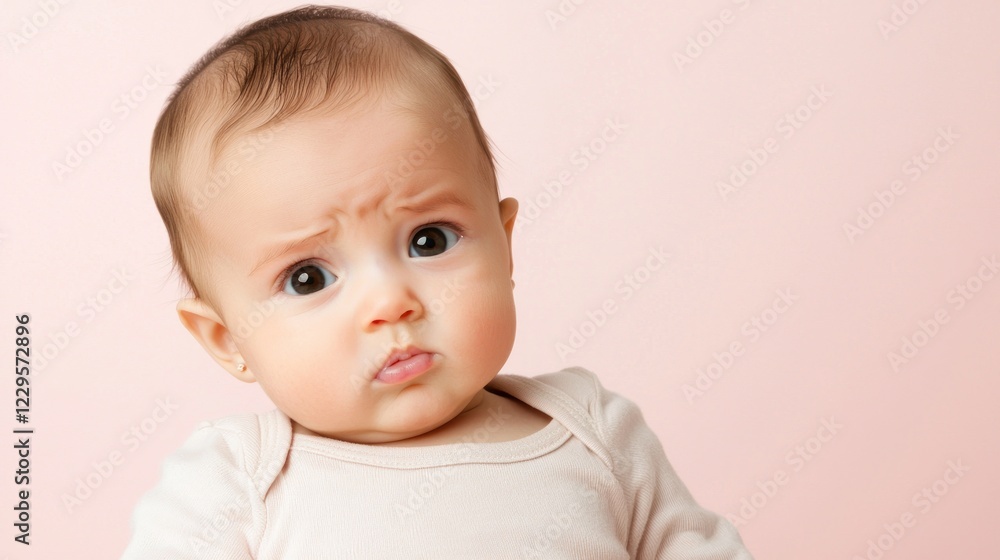 Portrait of a Baby Girl with Pensive Expression Against a Pink Background Portrait of a Baby Girl with Pensive Expression Against a Pink Background