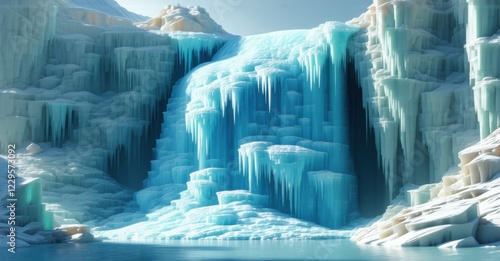 A frozen river shattering into jagged ice fragments, revealing deep blue water beneath, symbolizing instability and transformation in a cold, dramatic landscape photo