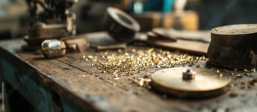 Metal shavings on workbench in workshop. Metal shavings on workbench in workshop.