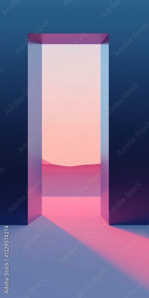 A minimalist open doorway with pink and blue gradient lighting, leading to a surreal landscape at sunset. A minimalist open doorway with pink and blue gradient lighting, leading to a surreal landscape at sunset.