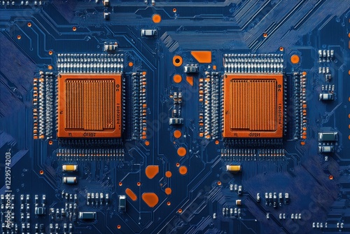 Close up of a computer motherboard with many electronic components photo