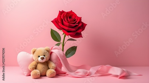 valentines day lovely background, teddy bear with rose and love heart and pink backdrop, valentines and anniversary background