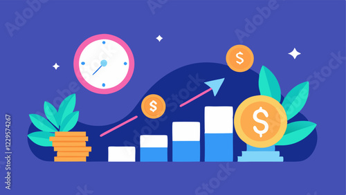 Time Decay of Investments A clock graphic showing coins being invested over time and growing in size to represent how longterm investments yield better returns in DeFi.