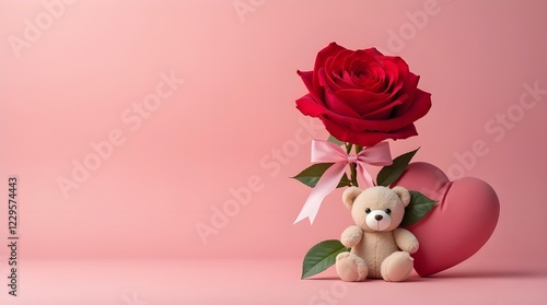 valentines day lovely background, teddy bear with rose and love heart and pink backdrop, valentines and anniversary background