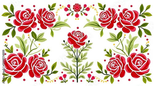 illustration of large red roses with green leaves floral pattern white background
