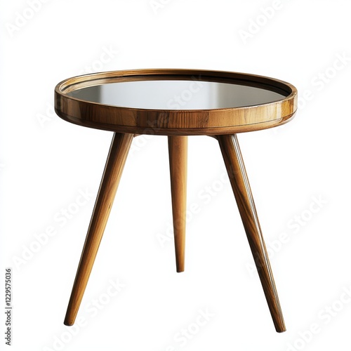 Stylish round wooden table with transparent glass top and tapering legs suitable for modern interior design photo