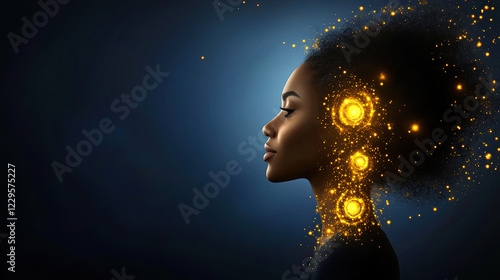 A Woman With an Artistic Hairstyle Surrounded by Luminous, Golden Sparkles in a Darkened Environment, Conveying a Sense of Creativity and Inspiration