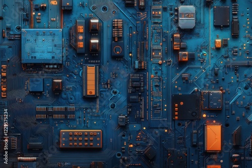 Close up of a computer motherboard with many electronic components photo