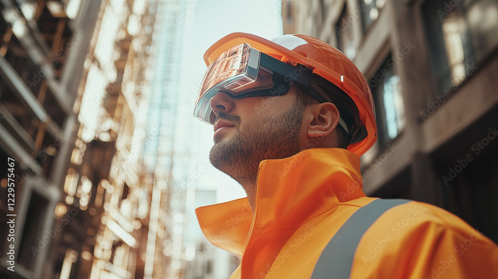 A construction worker in a reflective vest and orange hard hat wearing futuristic safety goggles, standing amidst tall urban buildings with scaffolding. A construction worker in a reflective vest and orange hard hat wearing futuristic safety goggles, standing amidst tall urban buildings with scaffolding.