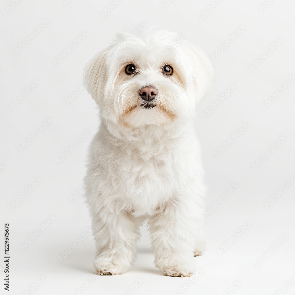 Adorable Fluffy White Maltese Dog Puppy Standing Studio Shot Pet Portrait Adorable Fluffy White Maltese Dog Puppy Standing Studio Shot Pet Portrait