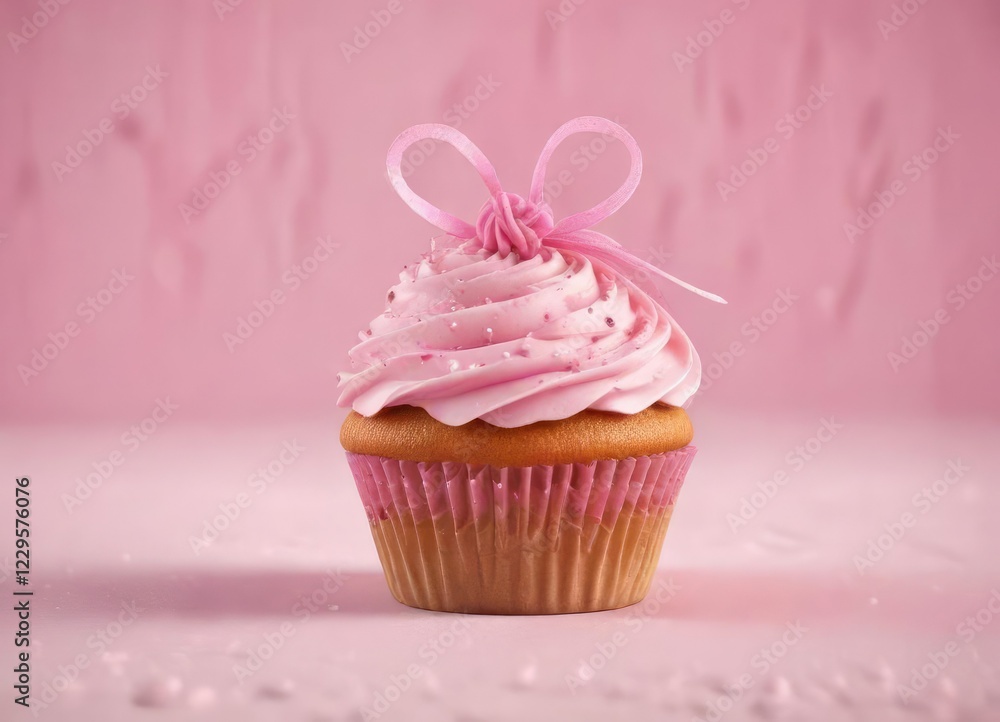 Pink frosted cupcake with a small pink ribbon tied around it , party favor, , sweet treat Pink frosted cupcake with a small pink ribbon tied around it , party favor, , sweet treat