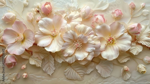 Exquisite arrangement of delicate pastel flowers with intricate details against a soft background