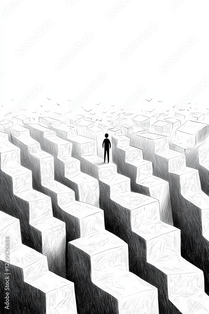 Fototapeta premium Solitary Figure in a Maze of Abstract Shapes