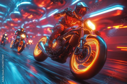Futuristic motorcycle race, vibrant neon lights, intense speed.
