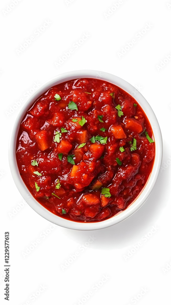 Bowl of delicious chunky tomato sauce with herbs, a flavorful and vibrant culinary delight. Bowl of delicious chunky tomato sauce with herbs, a flavorful and vibrant culinary delight.