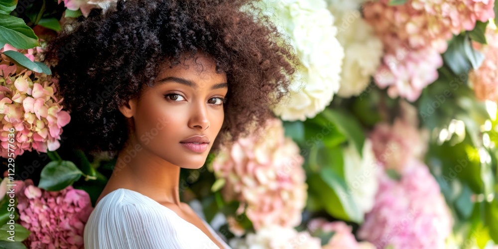 A beautiful woman with curly hair stands against a vibrant floral background. The lively colors create a serene atmosphere. This image captures elegance and natural beauty perfectly. AI A beautiful woman with curly hair stands against a vibrant floral background. The lively colors create a serene atmosphere. This image captures elegance and natural beauty perfectly. AI