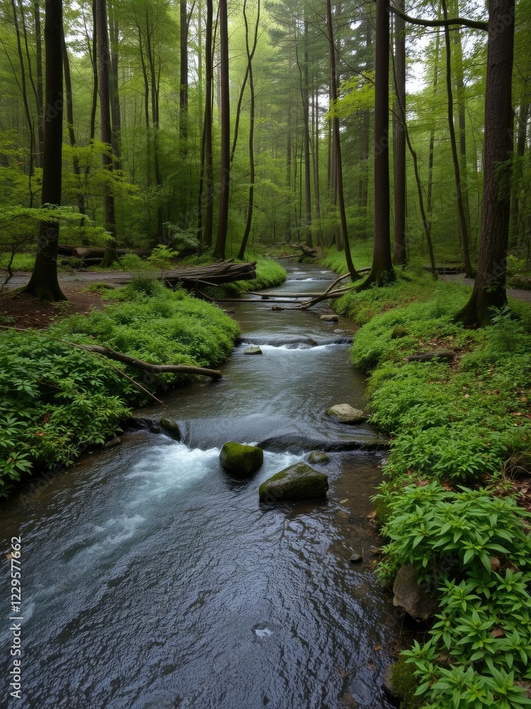 Pristine forest stream with lush greenery, a peaceful and idyllic natural setting, outdoors, environment, fresh Pristine forest stream with lush greenery, a peaceful and idyllic natural setting, outdoors, environment, fresh