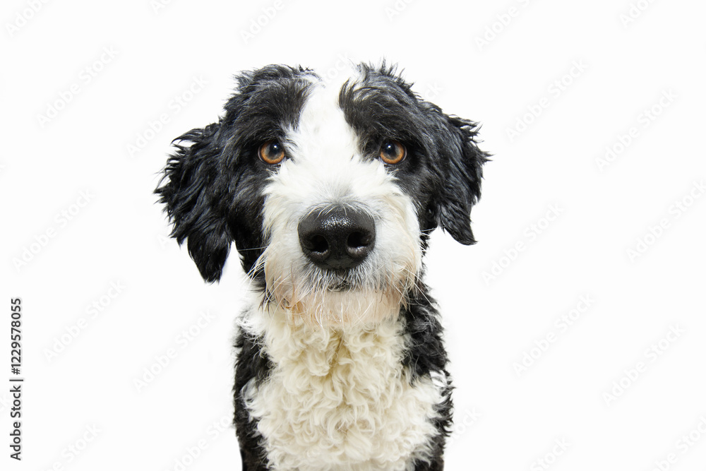 Portrait attentive and serious Spaniel water dog puppy looking at camera. Isolated on white background Portrait attentive and serious Spaniel water dog puppy looking at camera. Isolated on white background