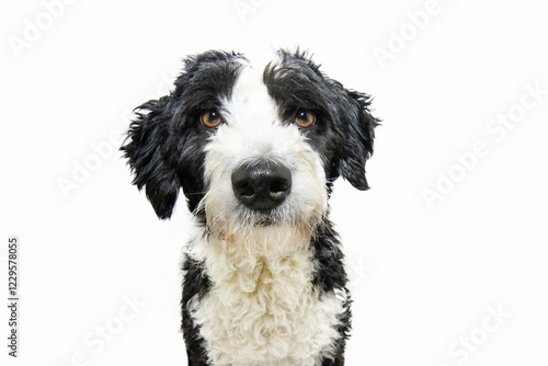 Portrait attentive and serious Spaniel water dog puppy looking at camera. Isolated on white background photo