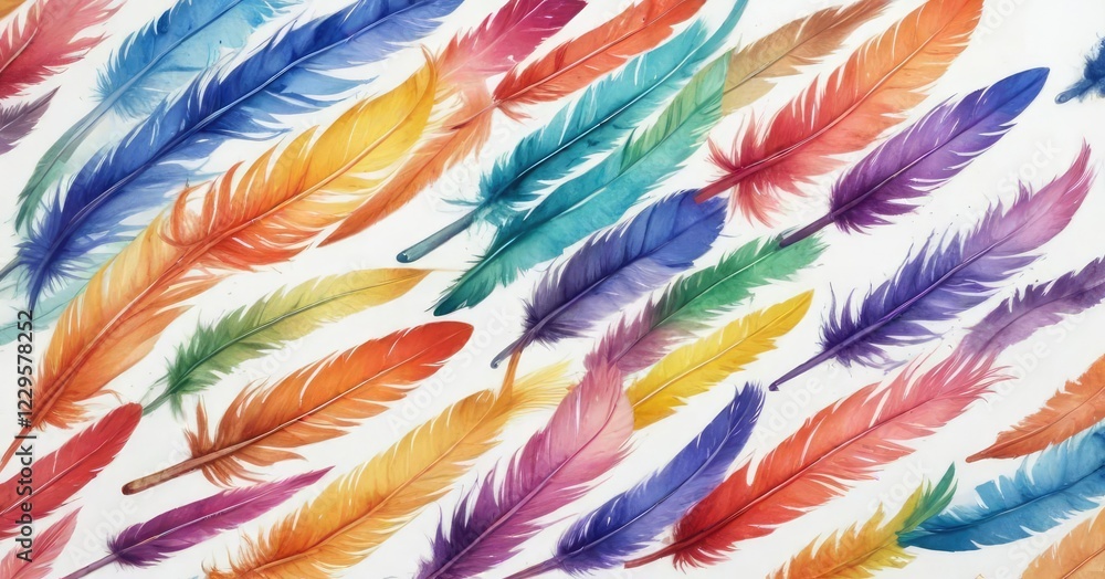 Fototapeta premium Rainbow colored feathers painted with watercolors on white background, illustration, boho style