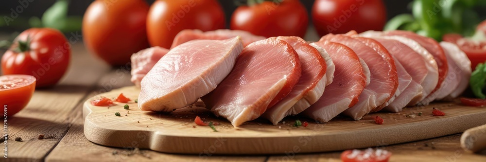Raw chicken thigh pieces scattered with sliced tomatoes on a wooden cutting board with a blurred background, raw meat, raw chicken, poultry cuts Raw chicken thigh pieces scattered with sliced tomatoes on a wooden cutting board with a blurred background, raw meat, raw chicken, poultry cuts