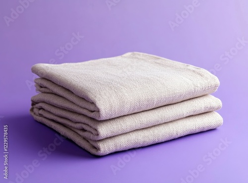 Photo of a folded beige kitchen towel on a purple background, front view. The cloth is made from linen fabric and has a smooth texture. 