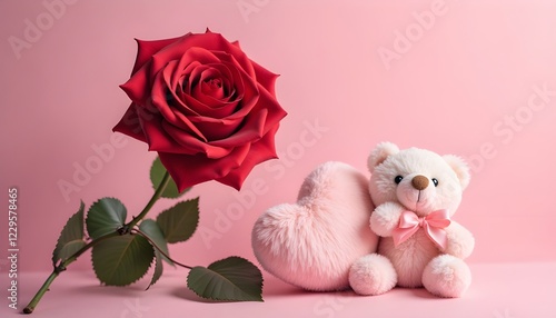 valentines day lovely background, teddy bear with rose and love heart and pink backdrop, valentines and anniversary background