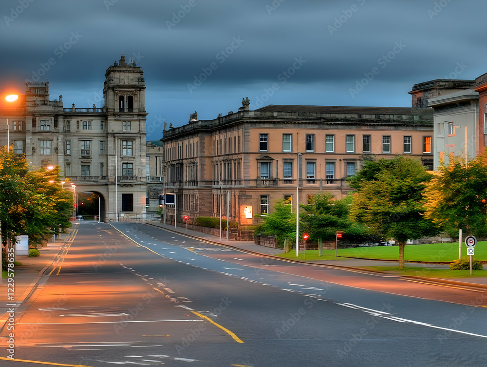 Fototapeta premium Empty City Street at Dusk with Elegant Buildings and Dramatic Sky