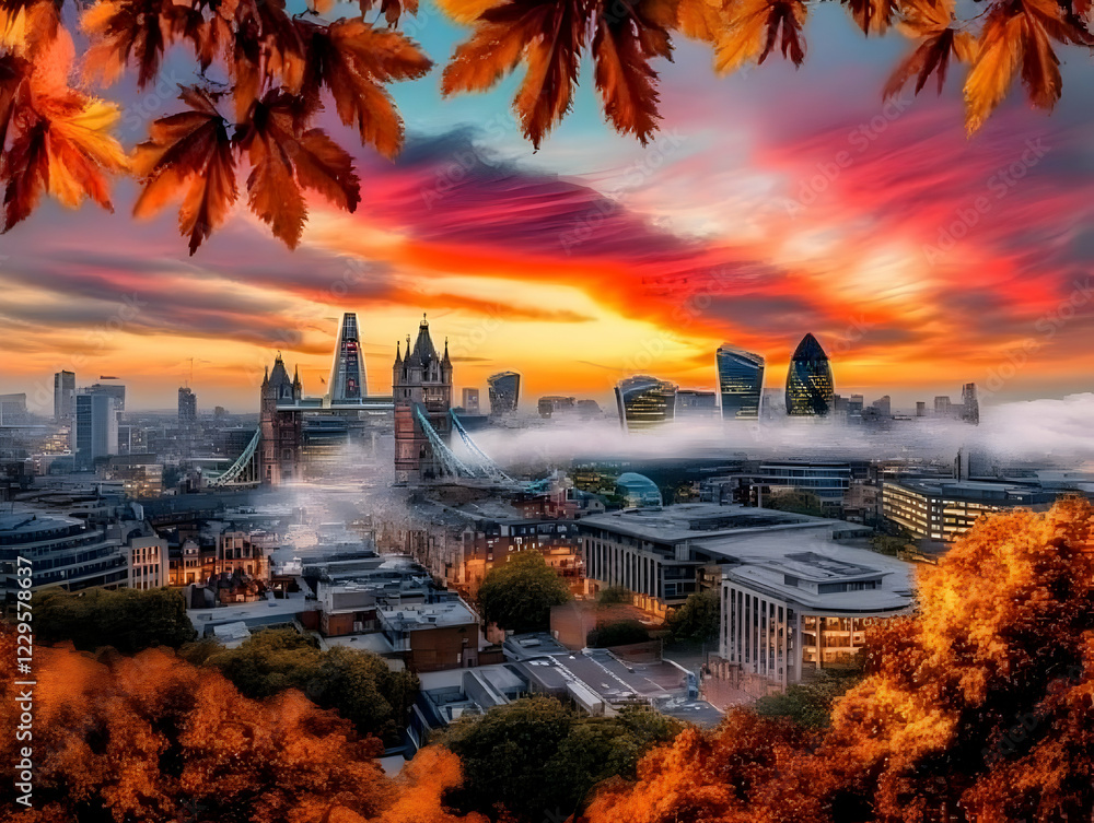 Obraz premium Cityscape at Sunset Framed by Autumn Leaves with Dramatic Sky and Fog, Aerial Perspective.