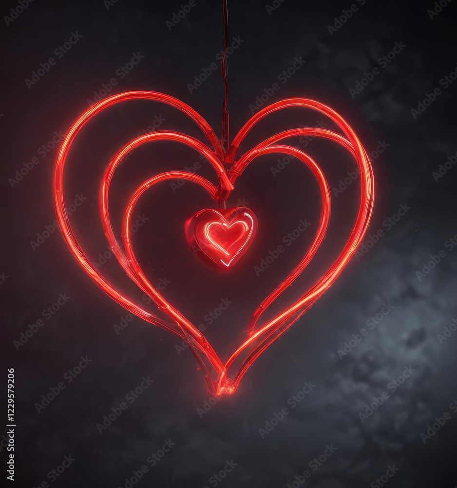 Red neon heart suspended in mid-air with a soft halo effect, radiance, enchanting Red neon heart suspended in mid-air with a soft halo effect, radiance, enchanting