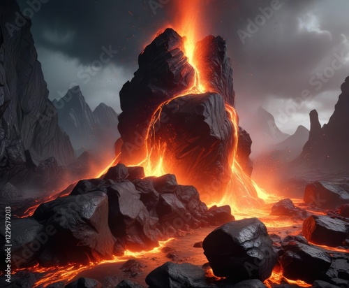 Red hot lava sparks bursting forth from a volcanic fissure , rock, destruction photo