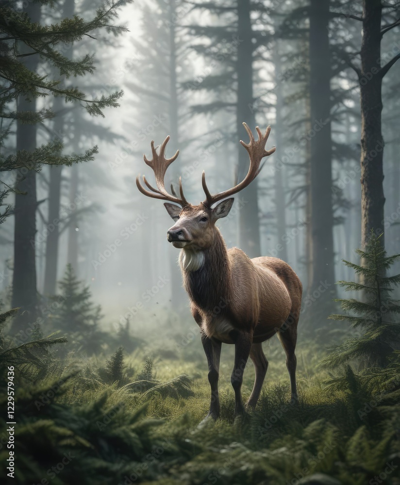 Fototapeta premium Reindeer in a forest of evergreen trees with misty atmosphere, atmospheric, wildlife, reindeer