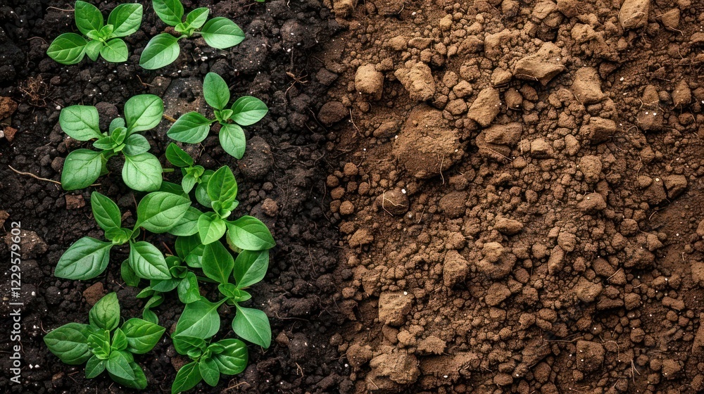Lush green plants growing in rich soil contrasting with bare earth, symbolizing growth and nature Lush green plants growing in rich soil contrasting with bare earth, symbolizing growth and nature