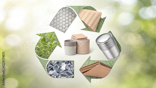 Recycling concept with various materials like paper, metal, and plants arranged circular pattern, symbolizing sustainability and eco friendliness photo