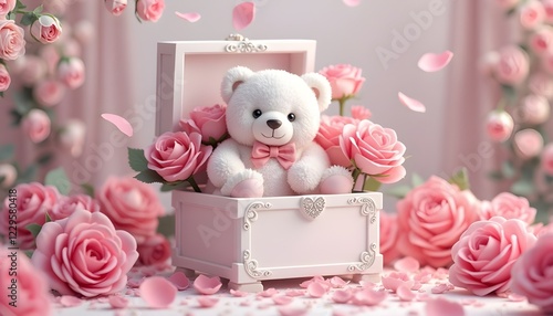 romantic gift idea, teddy bear in the gift box with rose and bouquet