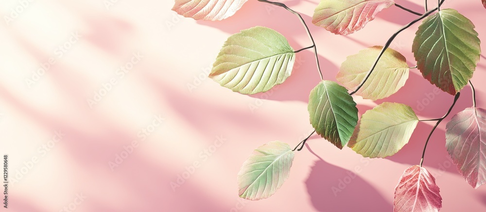 Obraz premium Pink backdrop, colorful leaves.