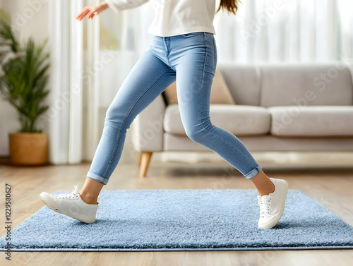 Woman Walks on Soft Blue Ru...