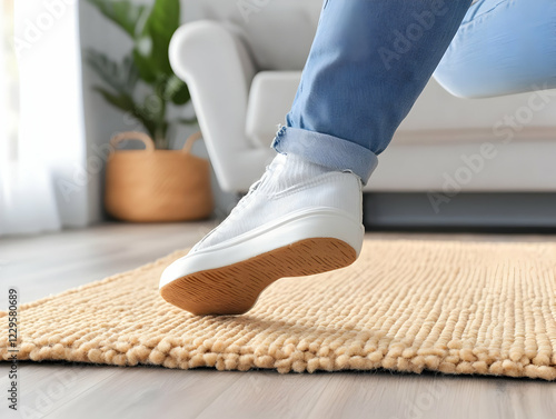 Foot in white sneaker steps...