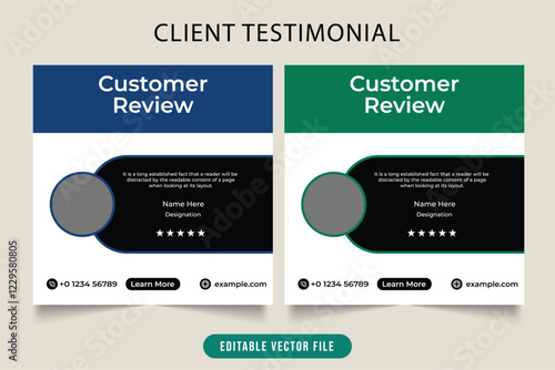 Customer review template or testimonial layout with dark blue and black color. Modern and creative client feedback social media web post design. Service review testimonial for business promotion.