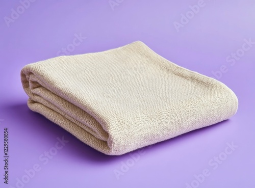 Photo of a folded beige kitchen towel on a purple background, front view. The cloth is made from linen fabric and has a smooth texture. 