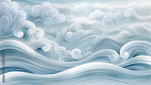 Traditional Chinese Cloud and Wave Pattern in Soft Blue