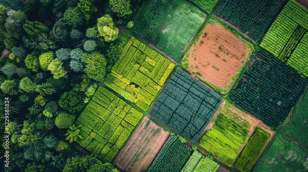 Fototapeta premium Aerial view of vibrant green agricultural fields and forest patches showcasing diverse crops and nature