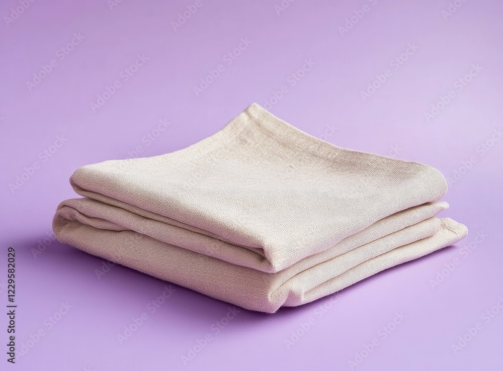 Photo of a folded beige kitchen towel on a purple background, front view. The cloth is made from linen fabric and has a smooth texture. Photo of a folded beige kitchen towel on a purple background, front view. The cloth is made from linen fabric and has a smooth texture.