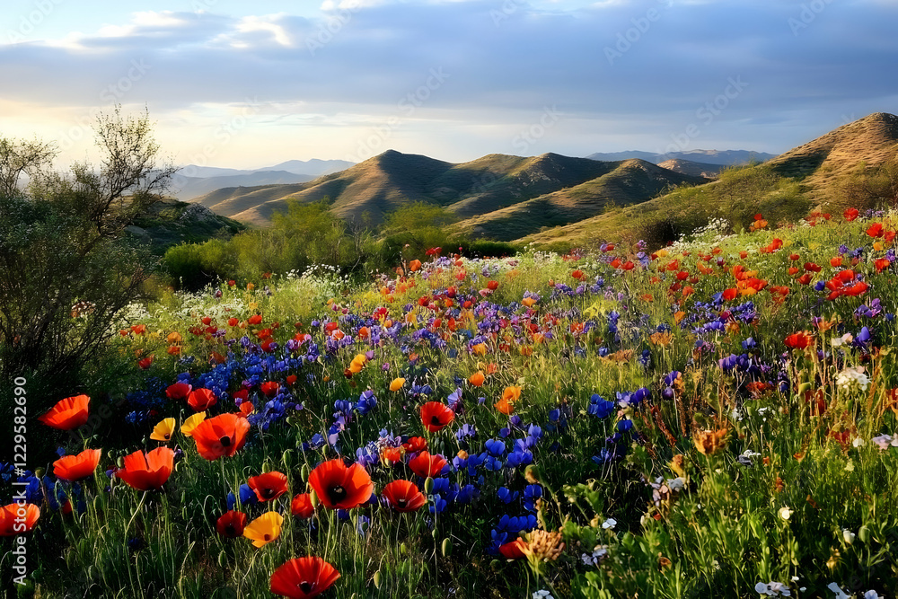 Fototapeta premium Vibrant Wildflowers Bloom in a Meadow with Rolling Hills and Sunset Sky