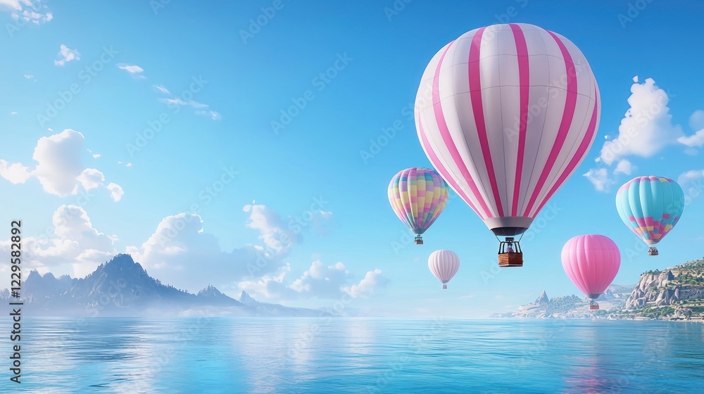 Fototapeta premium Pastel Hot Air Balloons Over Coastal Landscape