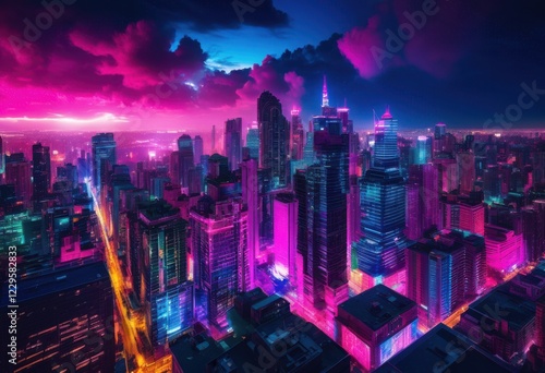 dynamic nighttime city skylines featuring vivid bright lights lively architectural elements illuminating urban landscape, architecture, cityscape, glow photo